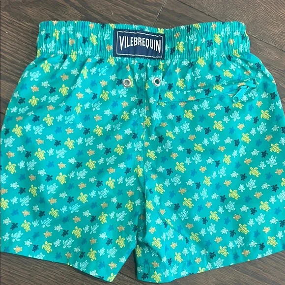 Vilebrequin Kids Swim Trunks - Teal with Yellow and White Turtles
